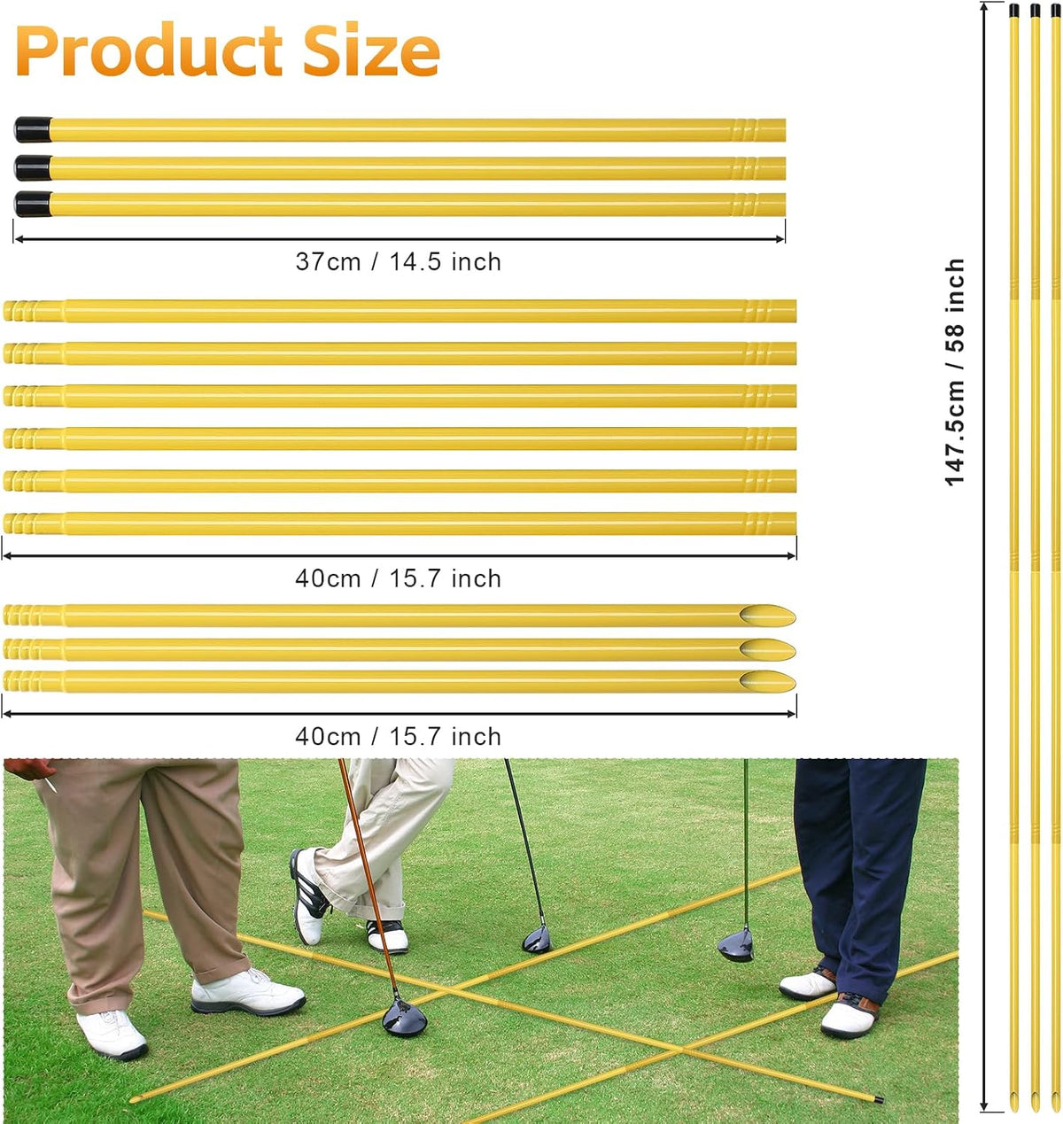 Golf Alignment Sticks 58", Golf Sticks Alignment Rods 3 Pack, Full Alignment Sticks for Golf Training, Golf Practice Swing Trainer for Aiming, Putting, Yellow