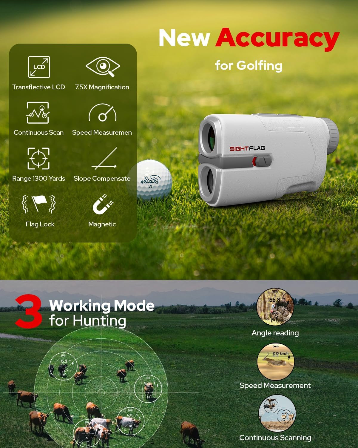 Golf Rangefinder 1300 Yards, 7.5X Magnification, Slope On/Off, Golf Gift