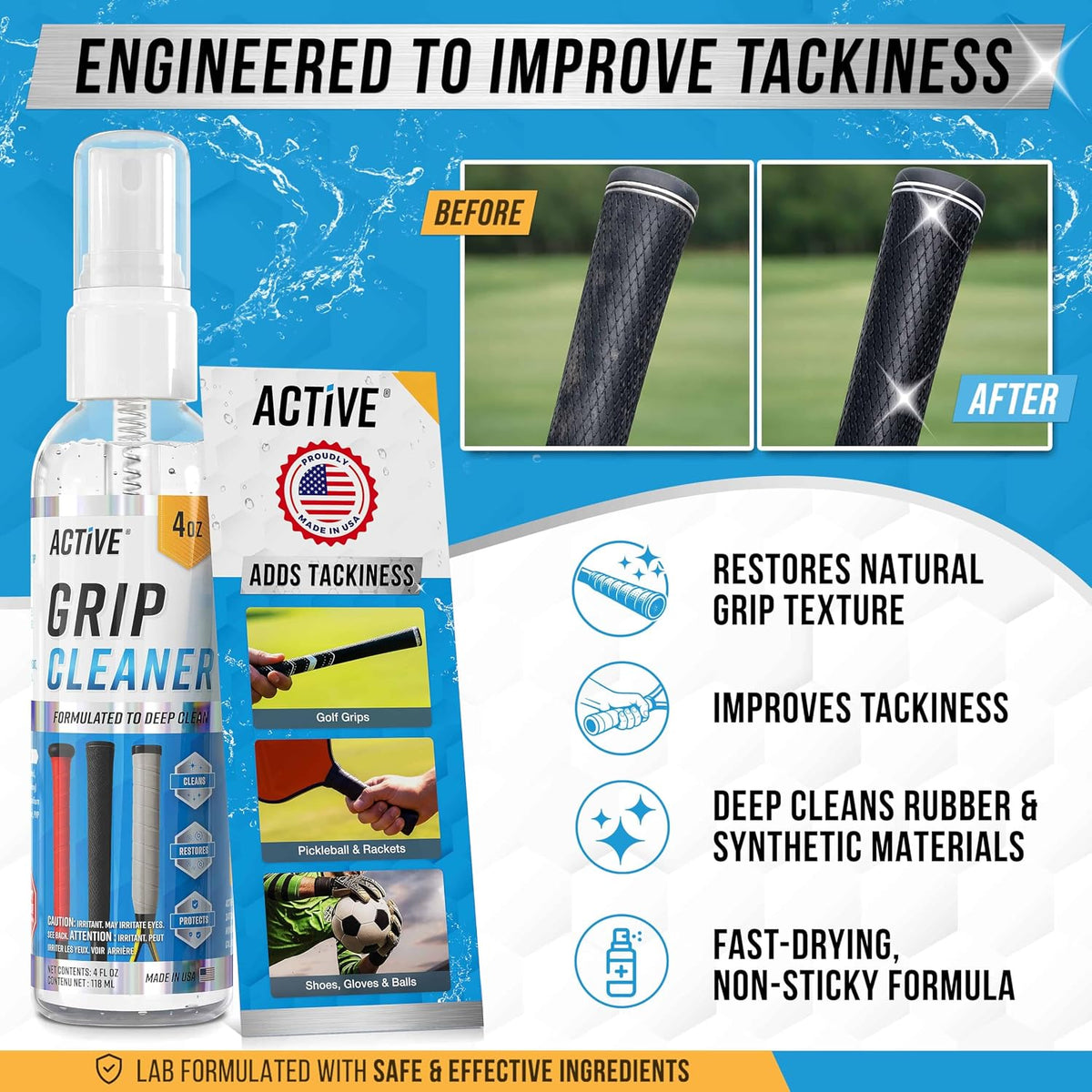 Grip Cleaner & Restore Spray - 2-In-1 Grip Spray for Basketball Shoes, Golf Club Cleaner, Pickleball Paddle Reset, Football Glove Boost, Volleyball Shoe Traction, Remove Oil, Dirt & Sweat - 4Oz