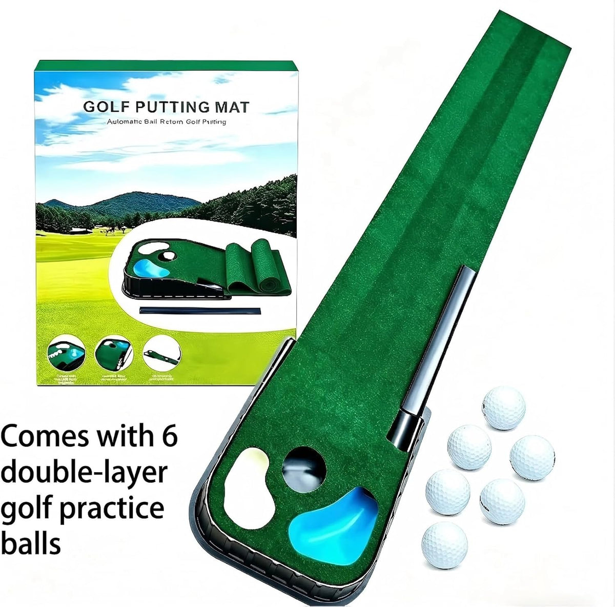 Indoor and Outdoor Golf Practice Putting Green, Portable Home Office Golf Training Mat, Includes 6 Double-Layer Golf Practice Balls