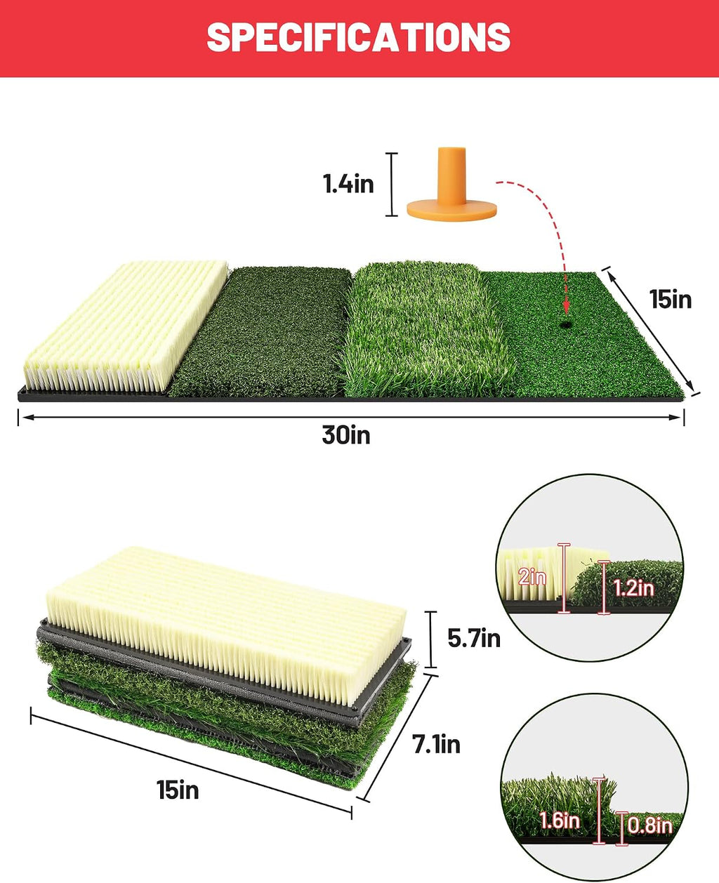 4-In-1 Golf Hitting Mat with Fairway, Rough, Sand & Tee Turf