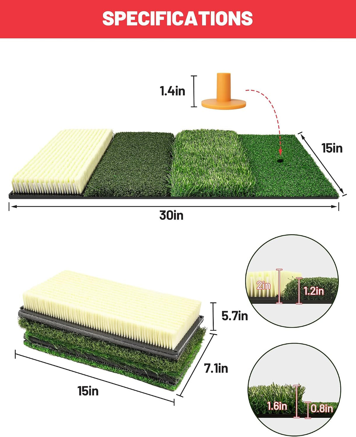4-In-1 Golf Hitting Mat with Fairway, Rough, Sand & Tee Turf