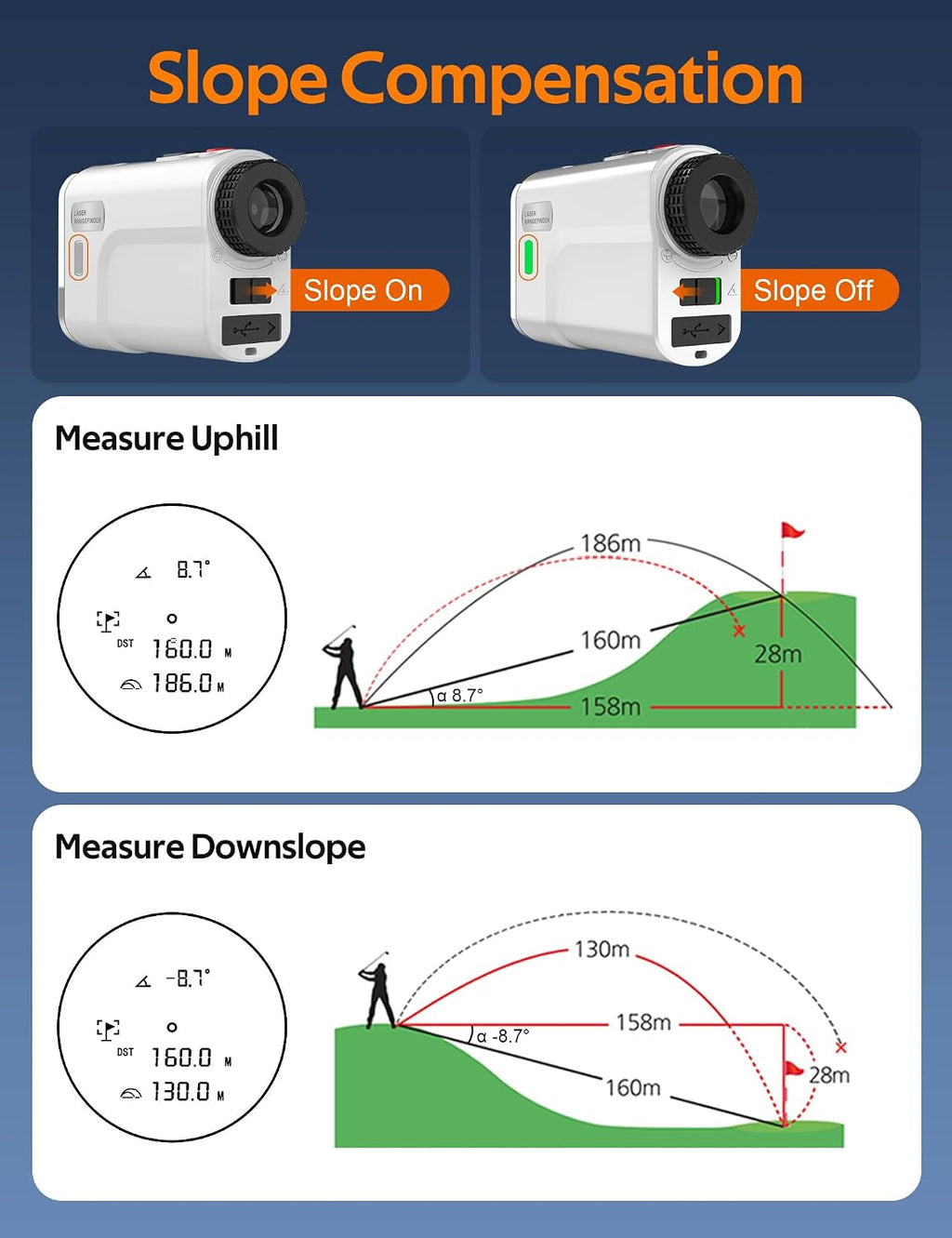 Golf Rangefinder with Slope, 760 Yards Laser Range Finder for Tournament Legal, 6X Magnification with Flag Pole Lock Vibration, for Golf Hunting, with Rechargeable Battery