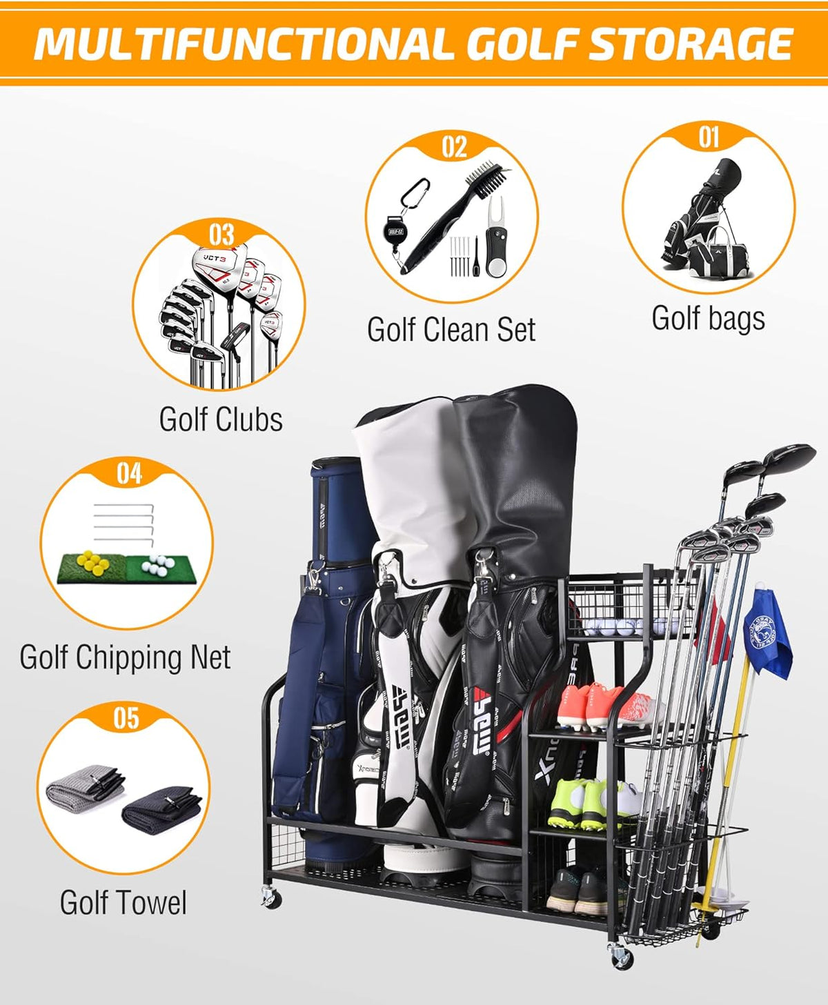 4 Golf Bag Organizer Garage Storage, Extra Large Golf Bag Storage Rack for Golf Bag, Golf Clubs and Golf Accessories, Golf Storage for Garage, Golf Clubs, Basement